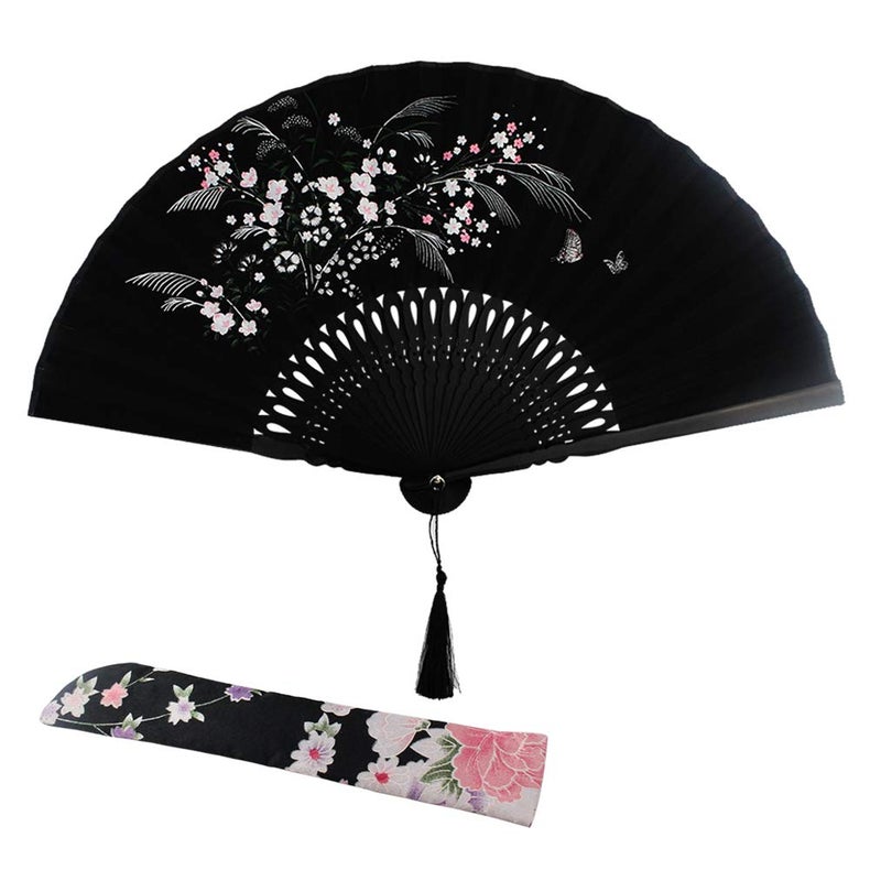 Wobe Black Linen Fabric Folding Hand Fan Grassflowers Bamboo Hand Held Fan with a Fabric Sleeve Handheld for Protection Birthday Gifts - Womens Chinese/Japanese Vintage Home Decorations - Image 1